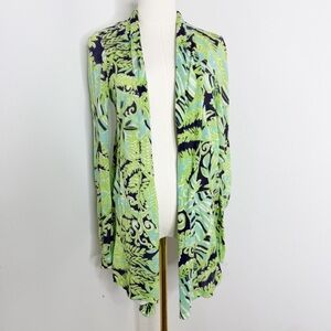 Lilly Pulitzer Green Blue Navy Print Cotton Waterfall Cardigan Sweater Small
